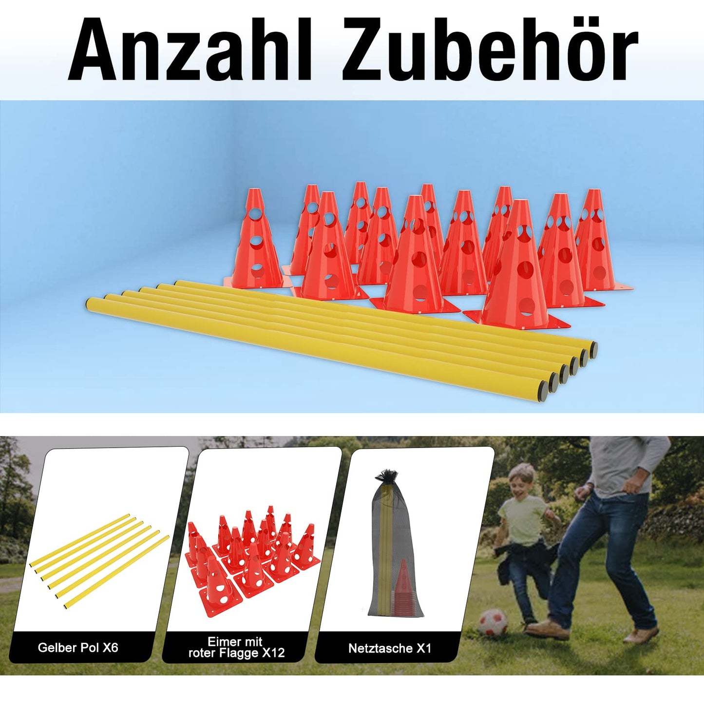 ACXIN Juego de 6 obstáculos para entrenamiento de coordinación para niños y perros, 12 conos y 6 barras, cono multifunción, altura: 32 cm, barra: 100 cm