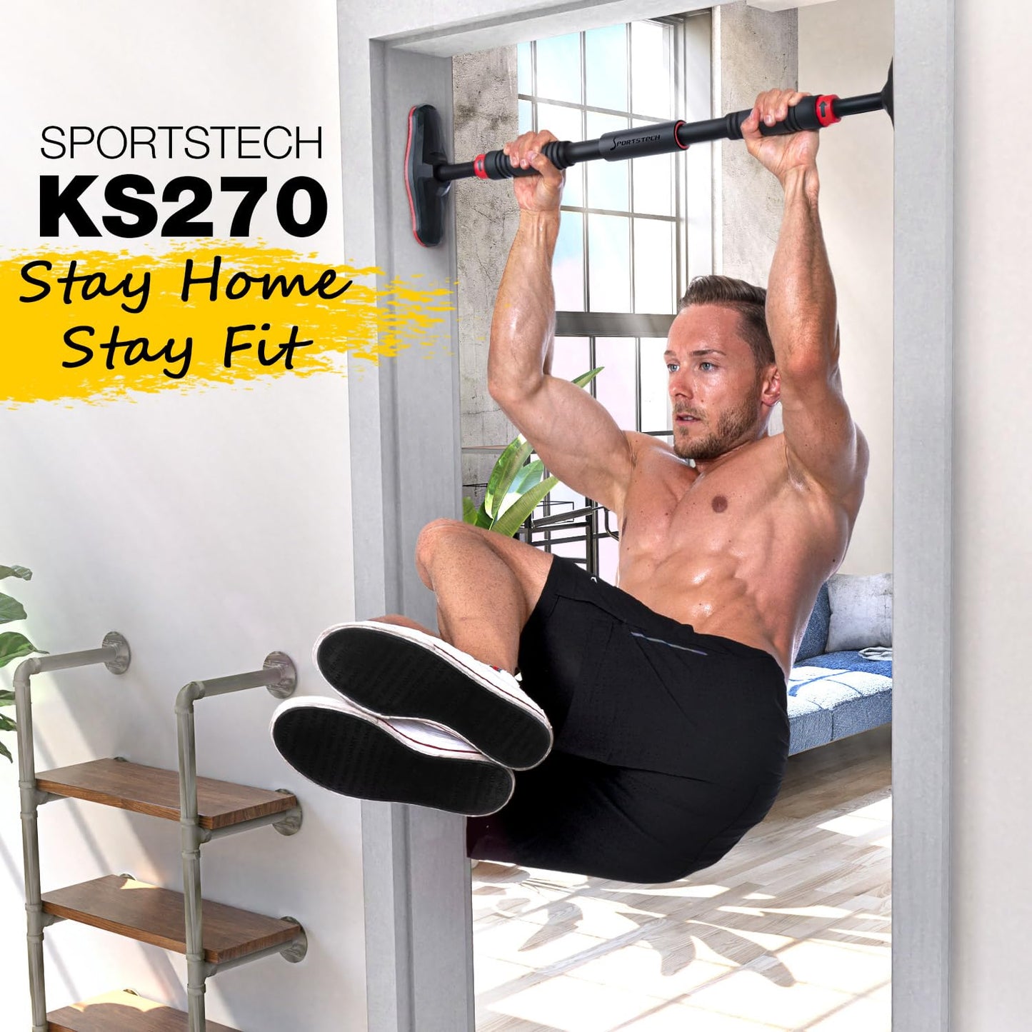 Sportstech Barra Dominadas con Función Innovadora de Fijación | Segura y rápida - Barra de Dominadas sin Tornillos para el Marco de la Puerta | Barra para casa ajustable hasta 90 cm | KS260/KS270 incl