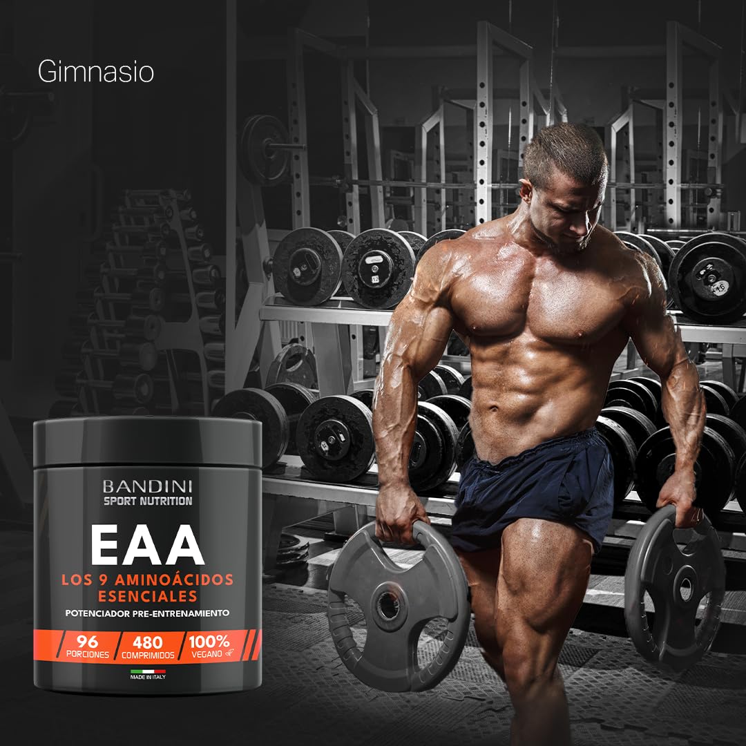 Bandini® EAA Aminoácidos Esenciales 480 TABLETAS - Con 9 Essential Amino Acids - Pre, intra y Post Entrenamiento - Complemento alimenticio para el deporte - Comprimidos - 96 Dosis - Vegan, sin azúcar