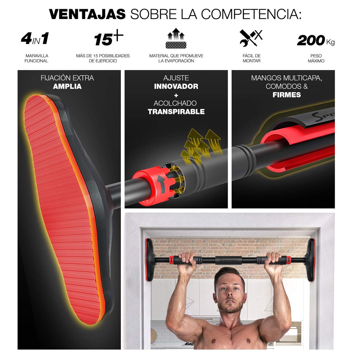 Sportstech Barra Dominadas con Función Innovadora de Fijación | Segura y rápida - Barra de Dominadas sin Tornillos para el Marco de la Puerta | Barra para casa ajustable hasta 90 cm | KS260/KS270 incl