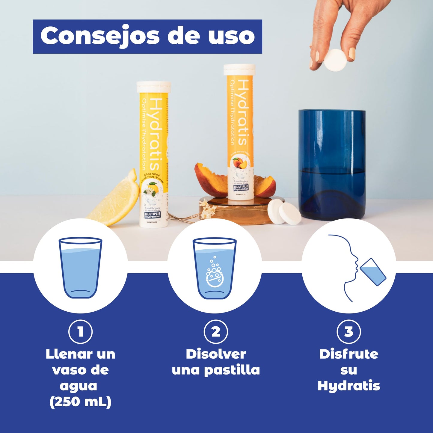 HYDRATIS - Tabletas de rehidratación acelerada - Electrolitos con magnesio, zinc, potasio - 20 tabletas - Sabor a melocotón