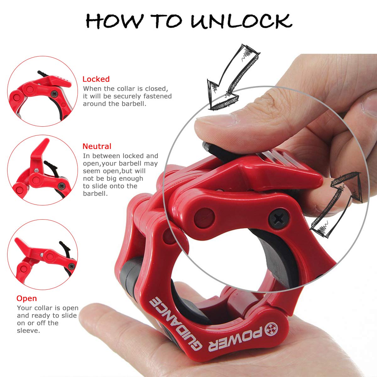 POWER GUIDANCE Abrazaderas Mancuerna para Barras Olímpica 50mm Cierres Barra Abrazaderas de Topes para Barras de Pesas con Bloqueo Cierre de sujeción rápida y Segura(1 par)