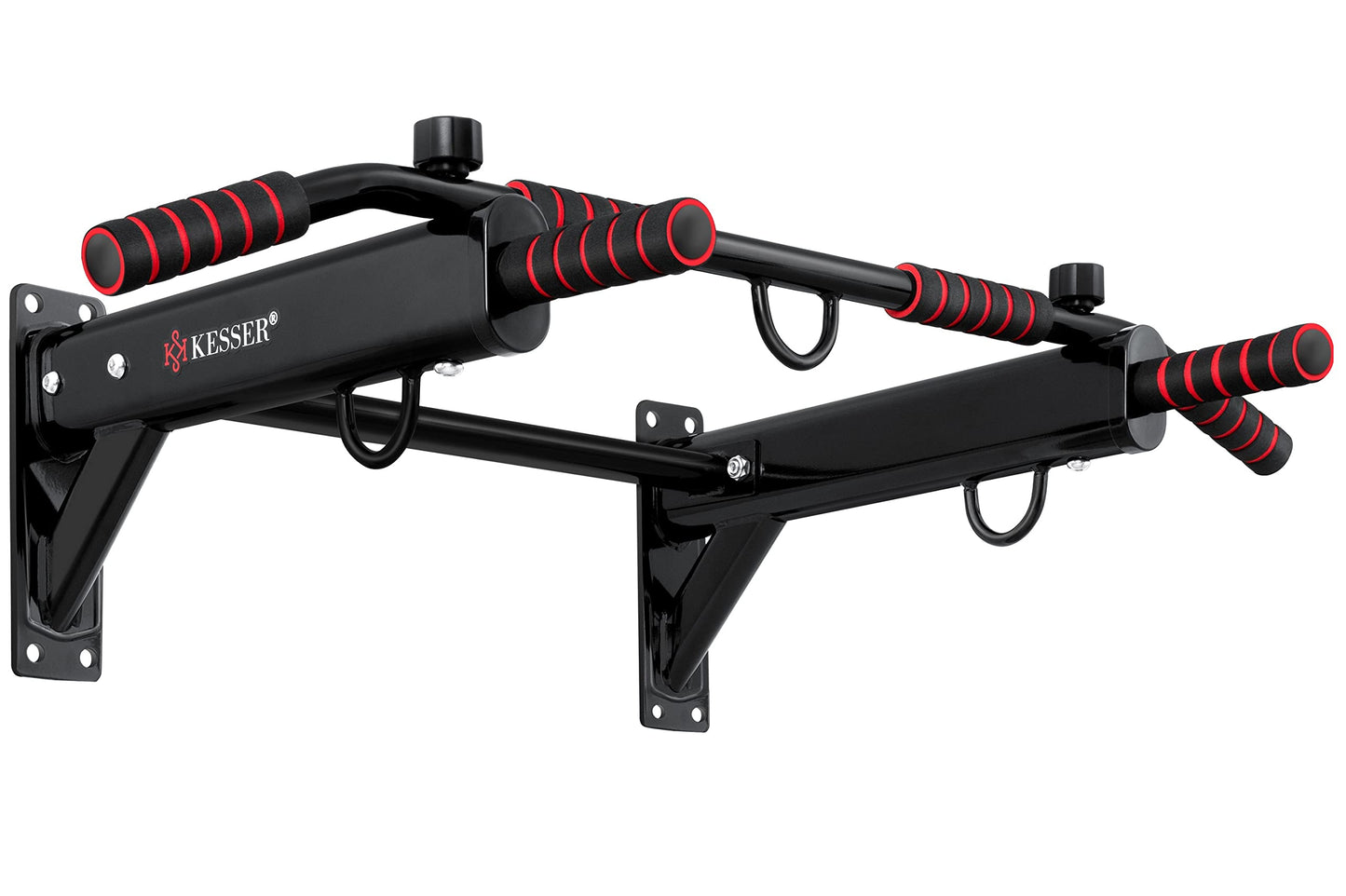 KESSER® Barra de dominadas 4 en 1 para montaje en la pared, asas antideslizantes, función adicional para anillos de cuerdas y sacos de boxeo | seguro y estable |rojo