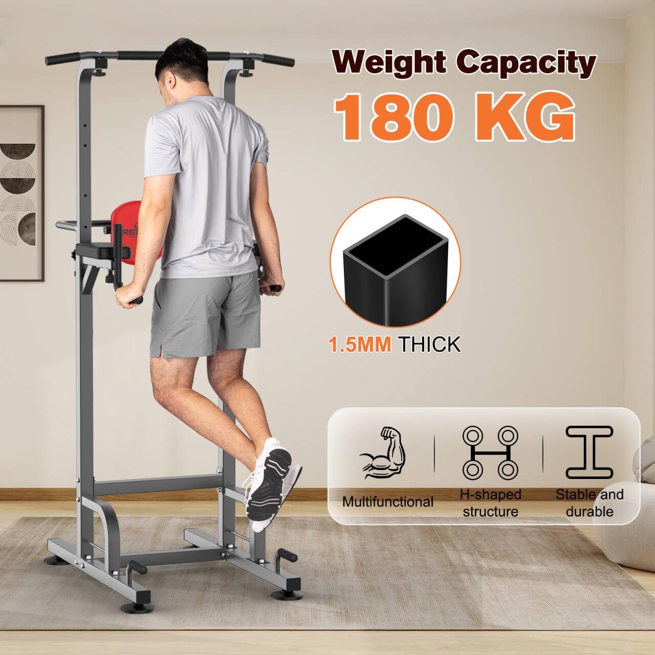 RELIFE REBUILD YOUR LIFE Torre Entrenamiento Energía Power Tower Estación Pull Up Multifuncional Barras Dominadas Torre de Gimnasia Casa Equipo de Fuerza Dip Station Musculación (Gris-1)