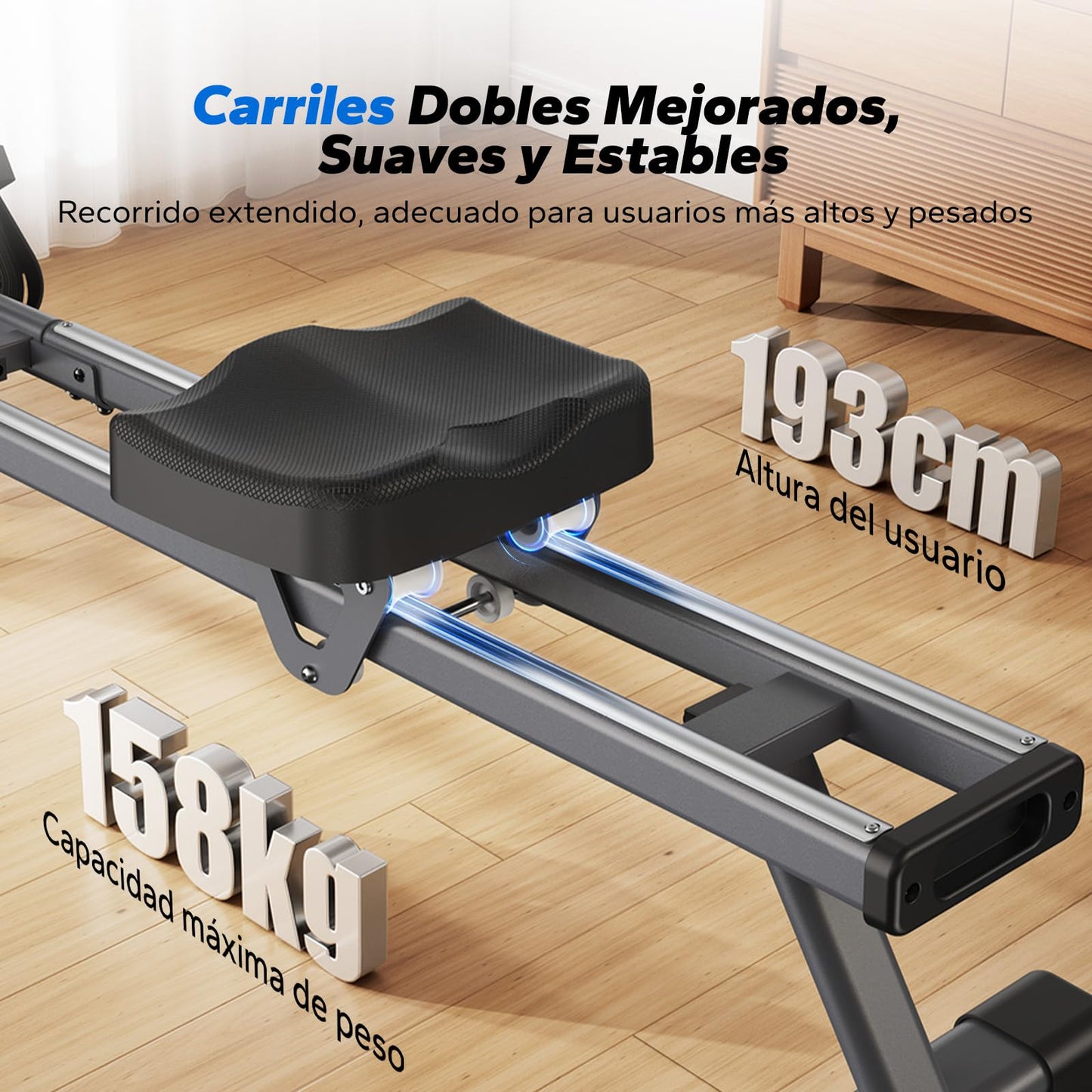 MERACH Maquina de Remo para Casa, 16 Niveles de Resistencia Magnética Máquina de Remo, Actualizar a Rieles Dobles, Ultrasilencioso y Estable, Carga Máxima 158kg, Almacenaje Vertical, Ahorra Espacio