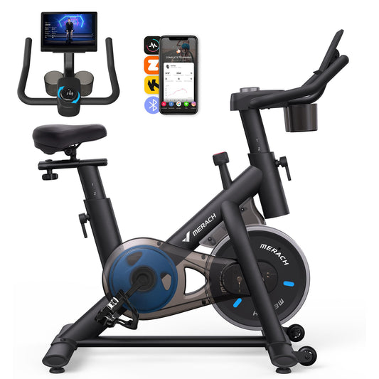 MERACH Bicicleta estática silenciosa con monitor LCD mejorado, bicicleta de ciclismo de interior con resistencia ajustable para entrenamiento cardiovascular en casa, con aplicación propia, hasta 136