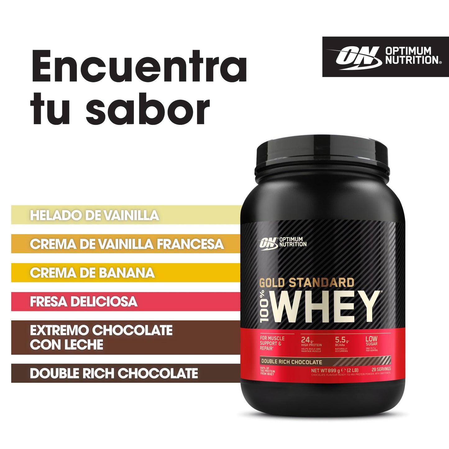 Optimum Nutrition Gold Standard 100% Whey, Proteína en Polvo, Sabor Doble Chocolate Rico, 899g, 29 Servicios
