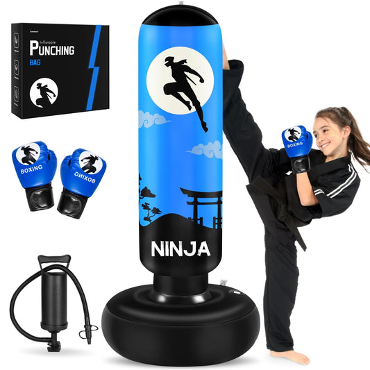 Saco de Boxeo, Bolsa de Boxeo Independiente 168cm, Incluye Guantes de Boxeo y Bombas Inflables Manuales, Saco de Boxeo para Niños de 5 a 12 años, Juego de Boxeo (Azul)