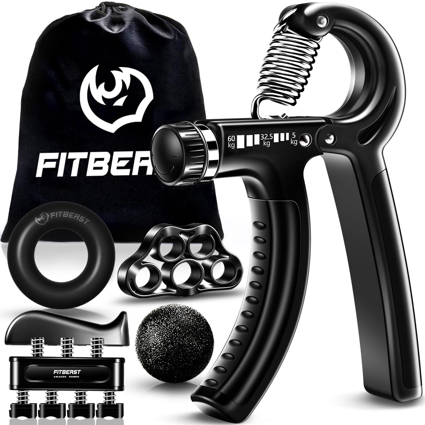 FitBeast Hand Grip para Antebrazo Ejercitar – Paquete de 5 Piezas, Fortalecedor de Agarre de Manos Ajustables, Ejercitador de Manos, Para Estirar Los Dedos, Anillo para Entrenar y Pelota Anti Estrés