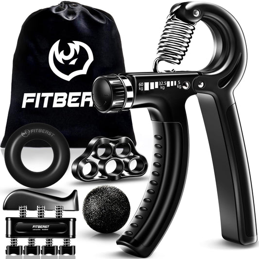 FitBeast Hand Grip para Antebrazo Ejercitar – Paquete de 5 Piezas, Fortalecedor de Agarre de Manos Ajustables, Ejercitador de Manos, Para Estirar Los Dedos, Anillo para Entrenar y Pelota Anti Estrés