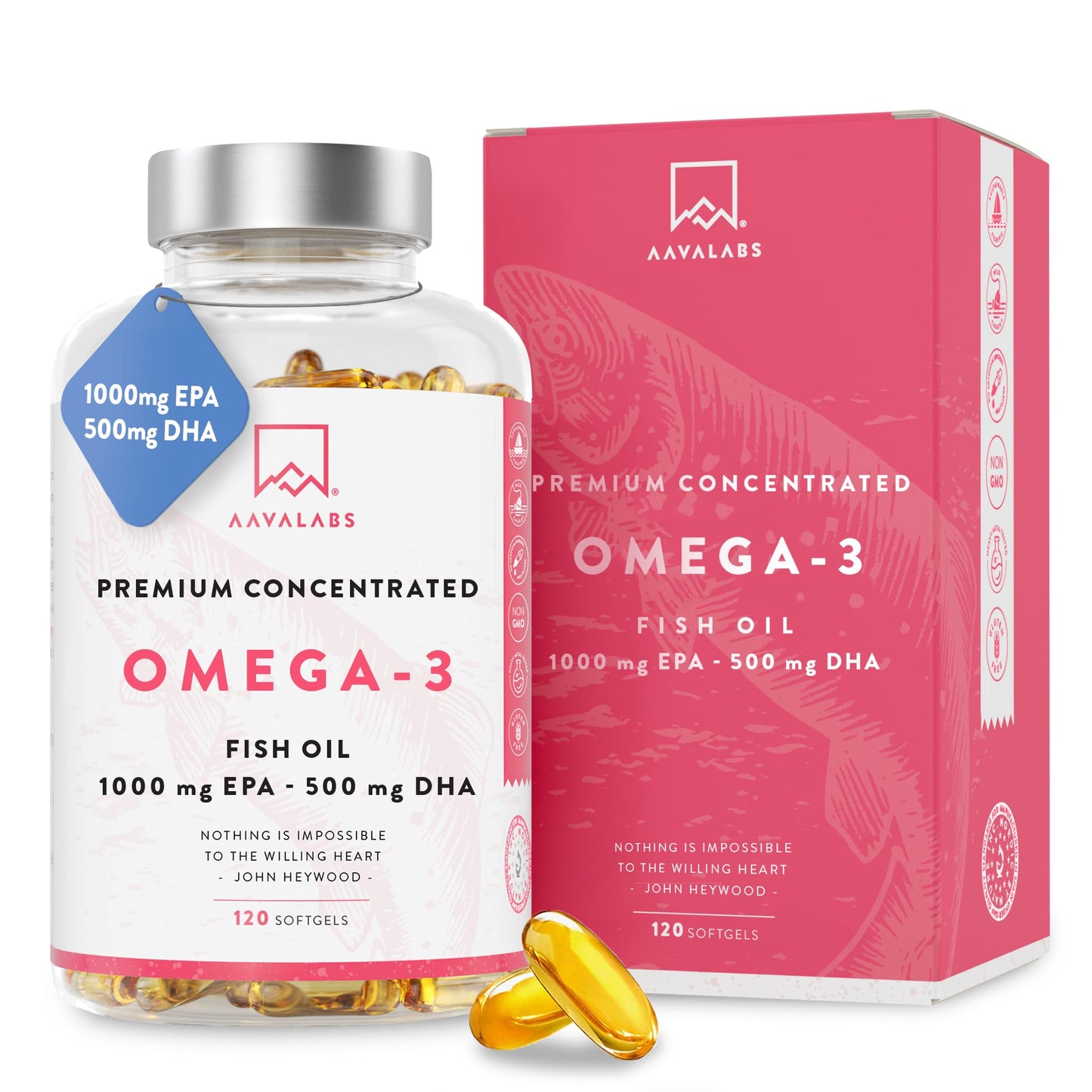 AAVALABS Omega 3 2000mg por dosis diaria (2 cápsulas) - 1000mg de EPA + 500mg de DHA - Ácidos Grasos de Alta Potencia - Destilado Molecularmente - 120 Cápsulas - 60 días de suministro