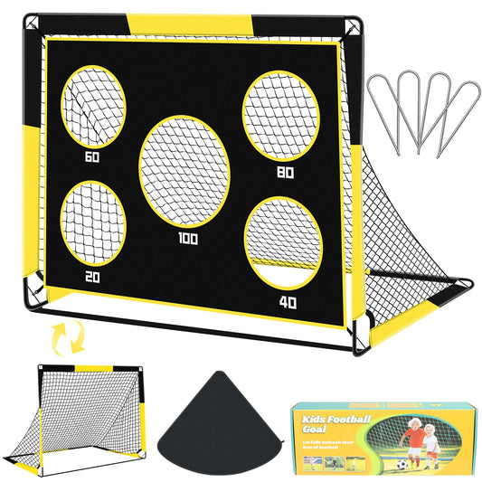 Gofady Portería de Fútbol para Niños, 2 en 1 Pop Up Porterías de Fútbol con 5 Objetivos y Bolsa de Transporte, Equipos de Entrenamiento de Fútbol Interior y Exterior(1.2M/1.5M) (Amarillo, 120 * 90CM)