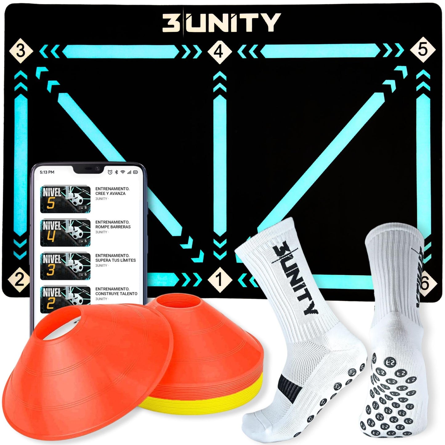 3|UNITY Kit Alfombra Entrenamiento Futbol 60x90 con 8 Conos Entrenamiento y Calcetines Antideslizantes Futbol (Grip Socks) - Incluye guía para futuros Cracks del fútbol. Tapete Treino Futebol