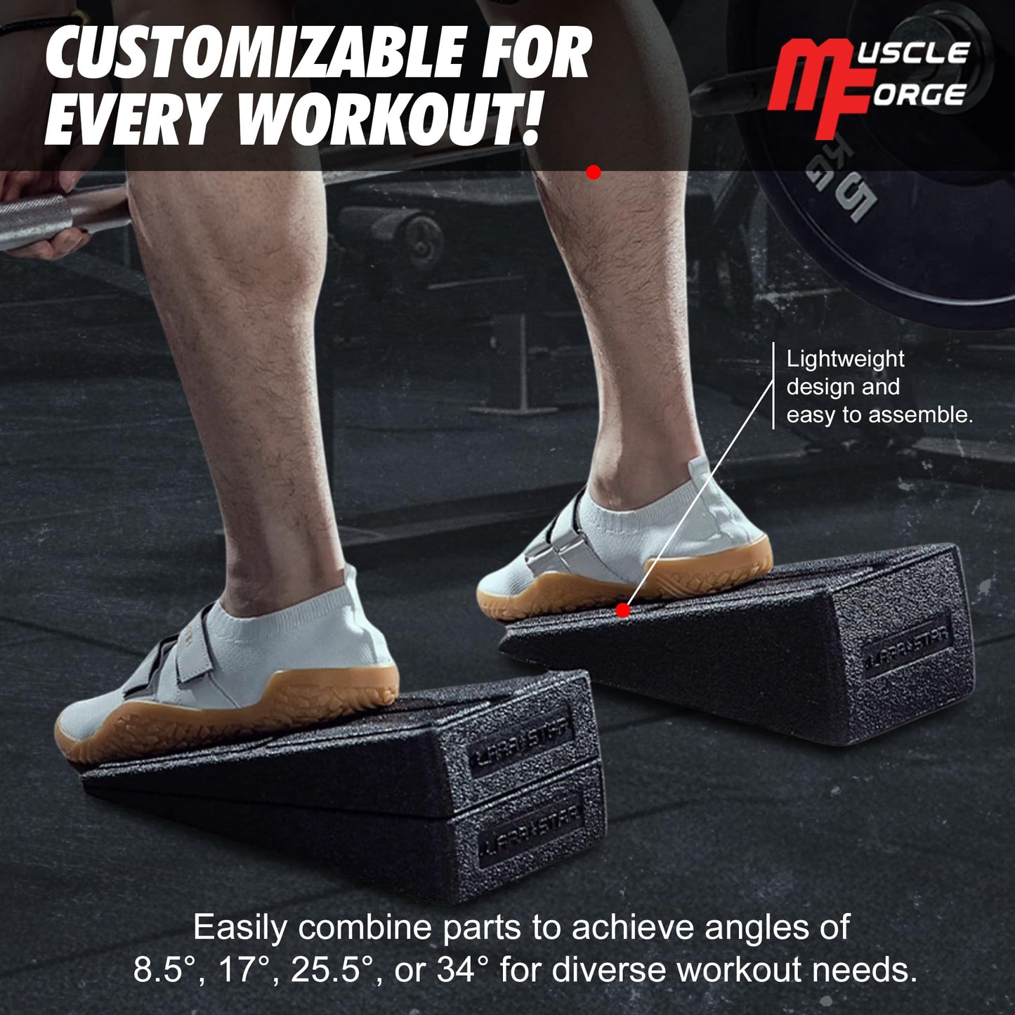 MuscleForge® Cuña Sentadillas Set de 3 Bloques - Slant Board para Estiramientos de Pantorrilla - Tabla Inclinada para Sentadillas y Movilidad - Squat Wedge Block con Ángulos Ajustables 8,5° a 34°