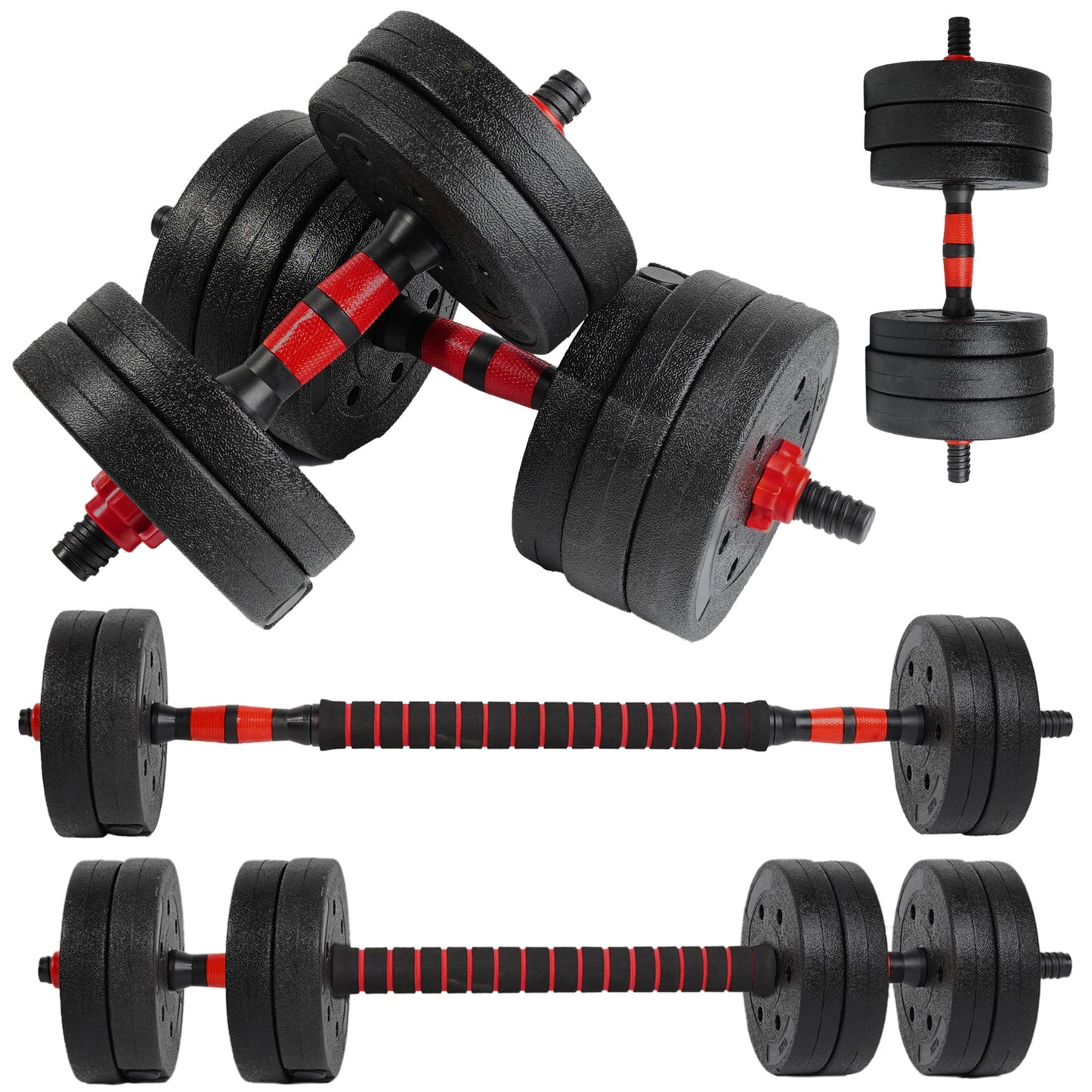 unycos - Juego de Mancuernas Ajustables con Barra Recta de Conexión, Discos【30 kg】de Cemento Recubiertos, Pesas de Agarre Ergonómico para Gimnasio en Casa y Fitness (Red Transformer)