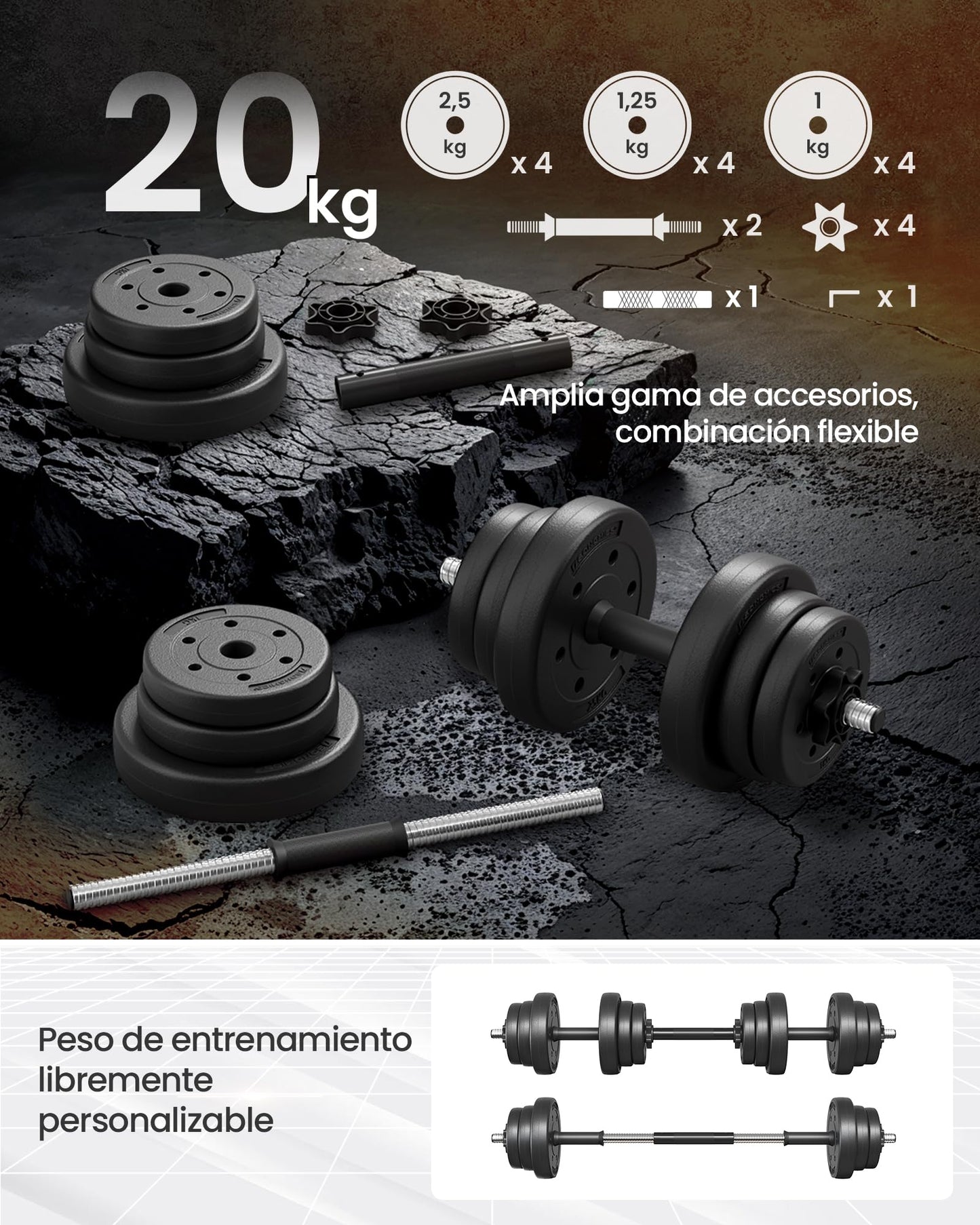 SONGMICS Juego de Mancuernas 2 en 1, Mancuernas Ajustables de 2 x 10 kg, con Barra Adicional, Placas de Peso Recubiertas de Plástico, Entrenamiento de Fitness, Gimnasio de Casa, Negro Tinta SYL20HBK