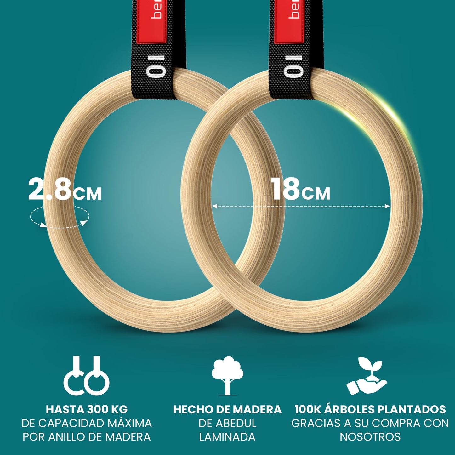 Anillas de Gimnasia de Madera | para Entrenamientos gimnásticos | Workout Set con Anclaje para Puerta, Hebillas, Correa y guía de Ejercicios | Gimnasio/Deporte en casa | Adultos