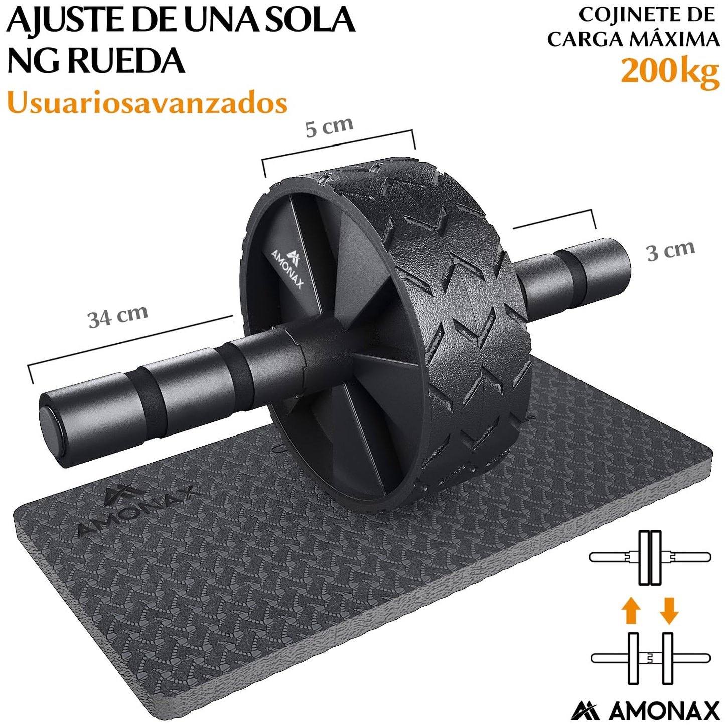 Amonax - Rodillo de rueda para abdominales con alfombrilla grande para ejercitar abdominales, doble rueda con modos de entrenamiento de fuerza dual en el gimnasio en casa (Negro)