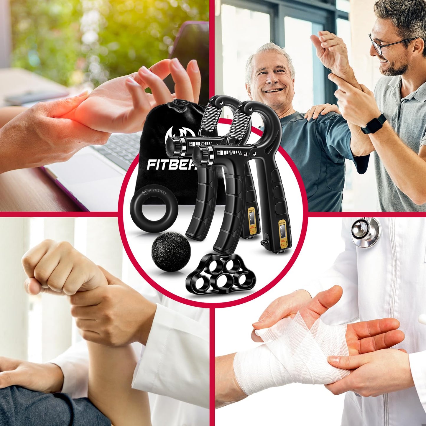 Kit de Entrenamiento para Fortalecer Agarre FitBeast 5 Piezas, 2 Resistencia Ajustable para Antebrazo, Estirador de Dedos, Anillo de Agarre y Bola de Alivio Estrés para Atletas, Negro