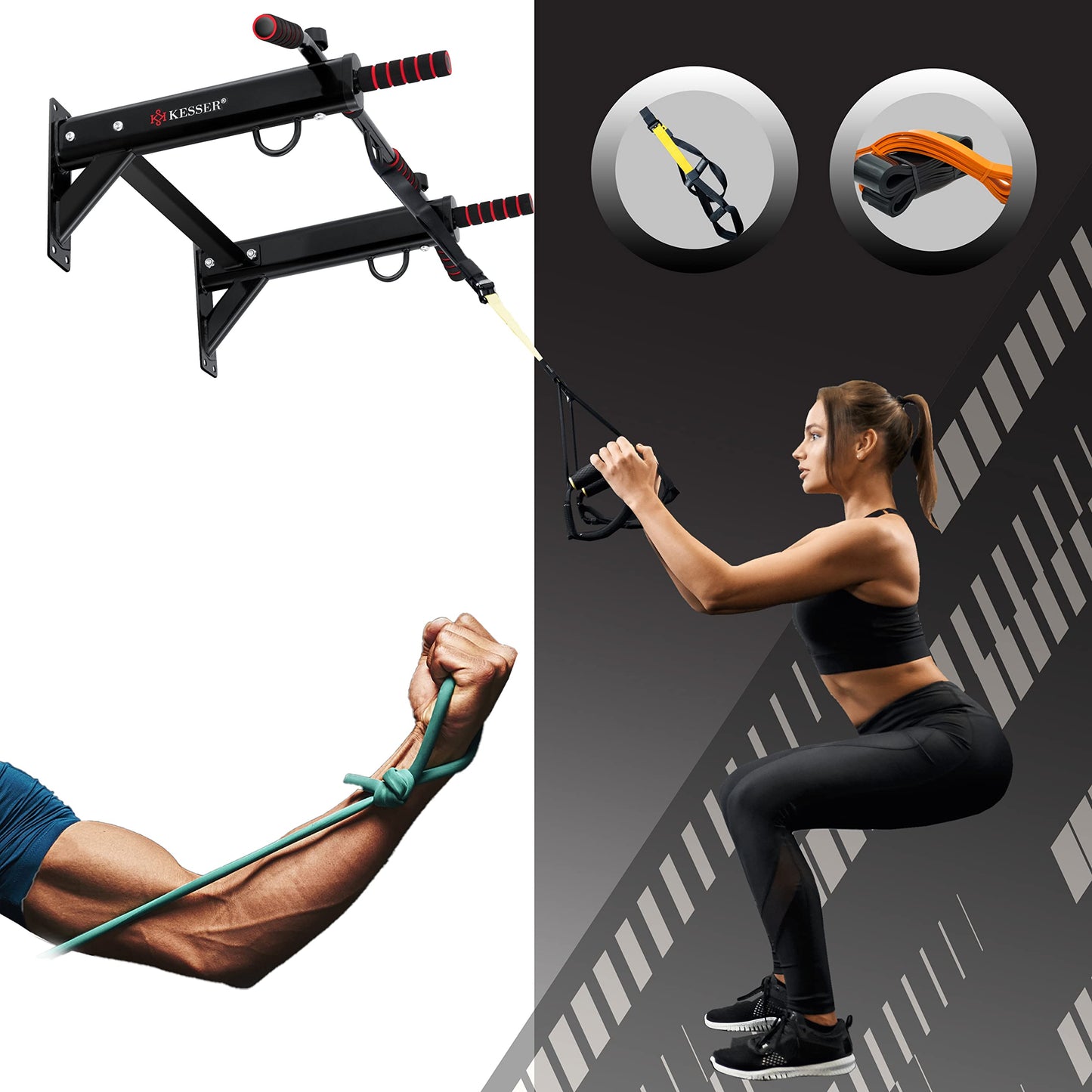 KESSER® Barra de dominadas 4 en 1 para montaje en la pared, asas antideslizantes, función adicional para anillos de cuerdas y sacos de boxeo | seguro y estable |rojo