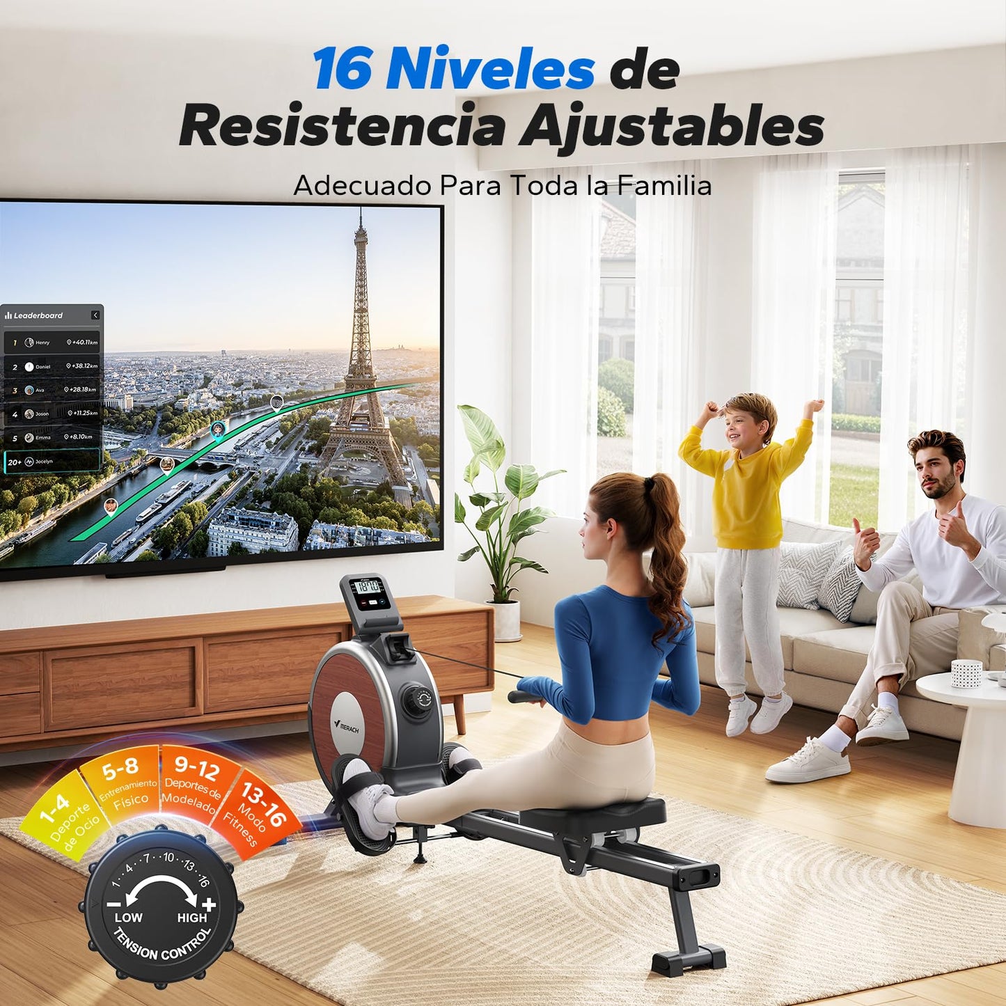 MERACH Maquina de Remo para Casa, 16 Niveles de Resistencia Magnética Máquina de Remo, Actualizar a Rieles Dobles, Ultrasilencioso y Estable, Carga Máxima 158kg, Almacenaje Vertical, Ahorra Espacio