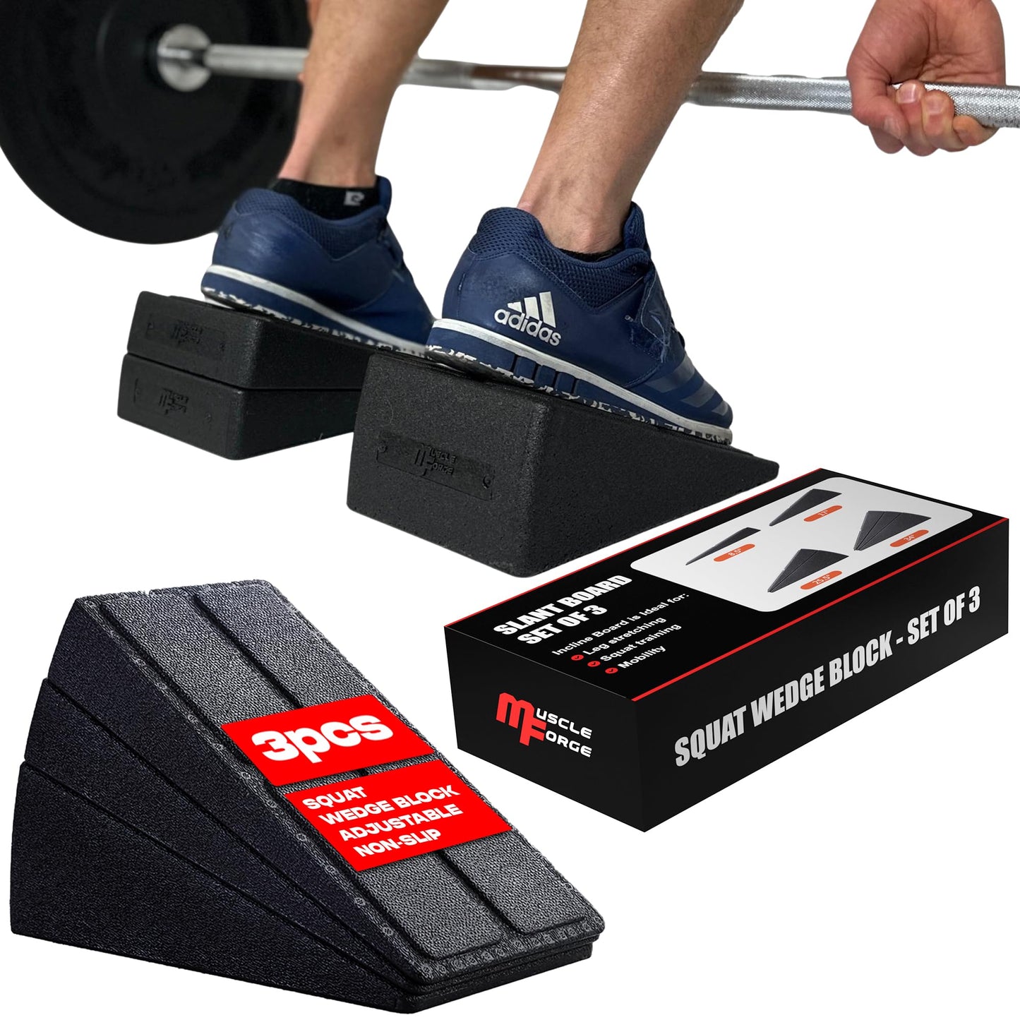 MuscleForge® Cuña Sentadillas Set de 3 Bloques - Slant Board para Estiramientos de Pantorrilla - Tabla Inclinada para Sentadillas y Movilidad - Squat Wedge Block con Ángulos Ajustables 8,5° a 34°
