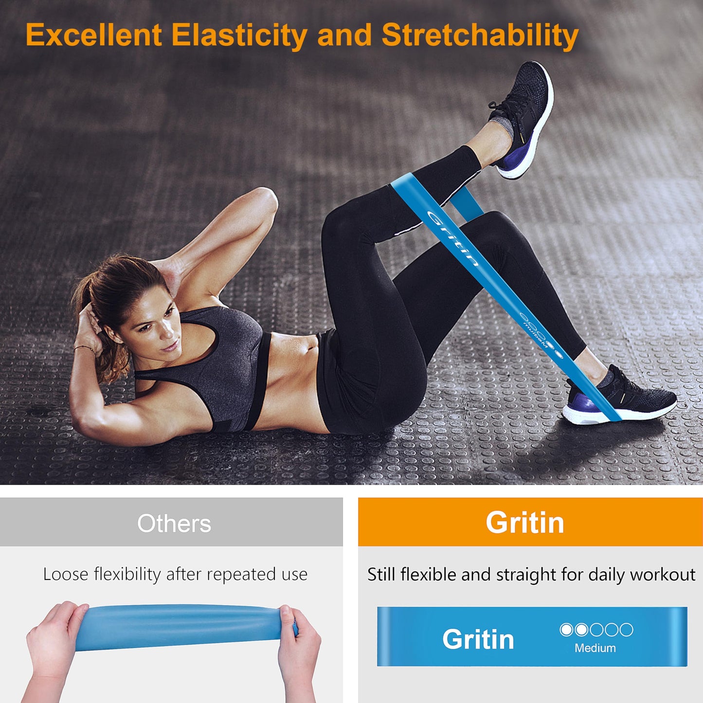 Gritin Bandas Elásticas Fitness/Bandas de Resistencia, Set de 5 Cintas Elásticas Fitness y Musculación de Látex Agradable a la Piel con Guía de Ejercicios de Español