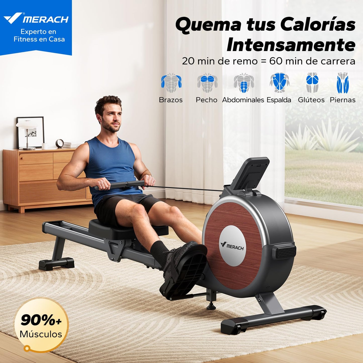 MERACH Maquina de Remo para Casa, 16 Niveles de Resistencia Magnética Máquina de Remo, Actualizar a Rieles Dobles, Ultrasilencioso y Estable, Carga Máxima 158kg, Almacenaje Vertical, Ahorra Espacio
