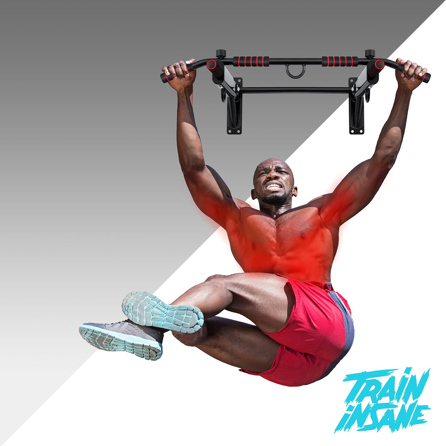 KESSER® Barra de dominadas 4 en 1 para montaje en la pared, asas antideslizantes, función adicional para anillos de cuerdas y sacos de boxeo | seguro y estable |rojo