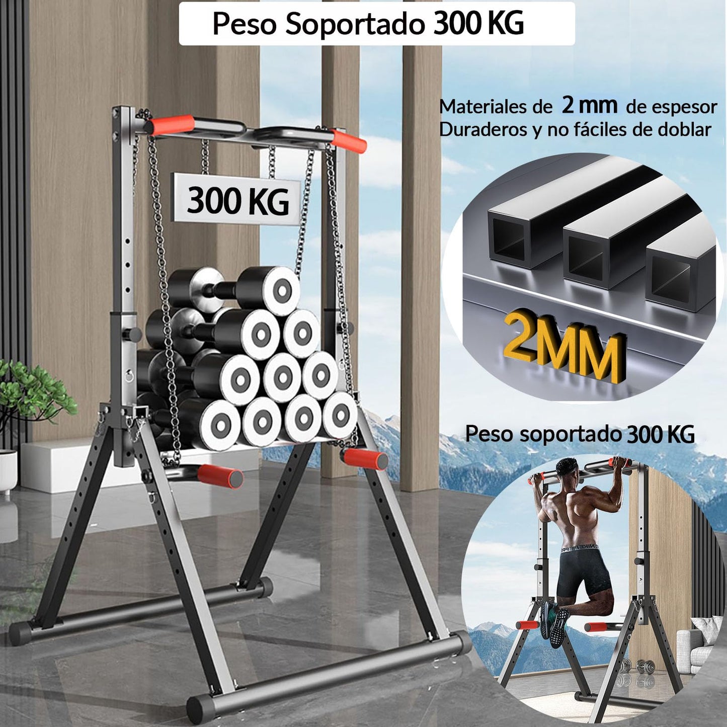 DOBESTS Estación de Dominadas Plegable Power Tower Dip Station,Estación de Fondos,Altura Ajustable, Multifuncional Maquina Dominadas Gimnasio en Casa for Pull Up& Dip Training,300KG