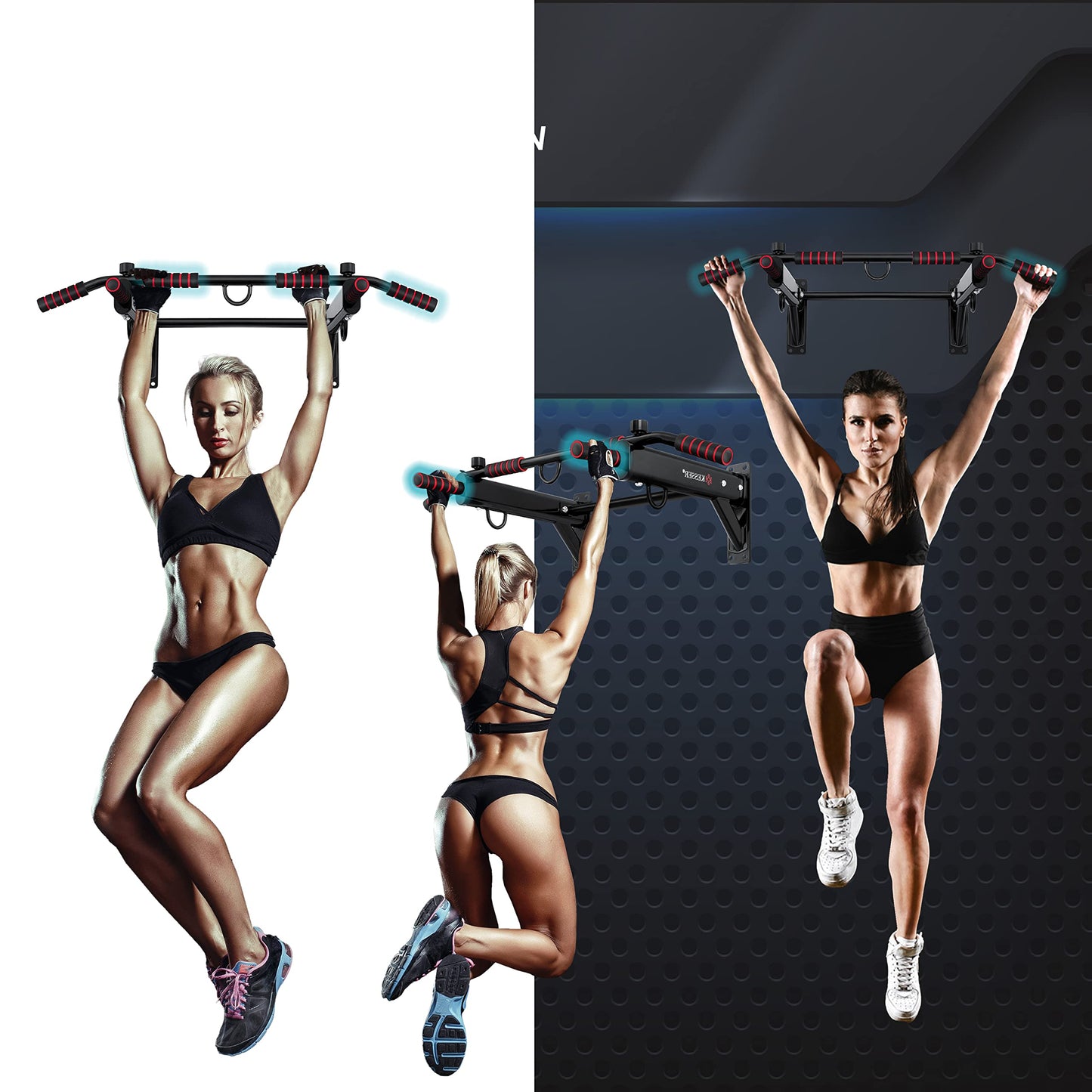 KESSER® Barra de dominadas 4 en 1 para montaje en la pared, asas antideslizantes, función adicional para anillos de cuerdas y sacos de boxeo | seguro y estable |rojo