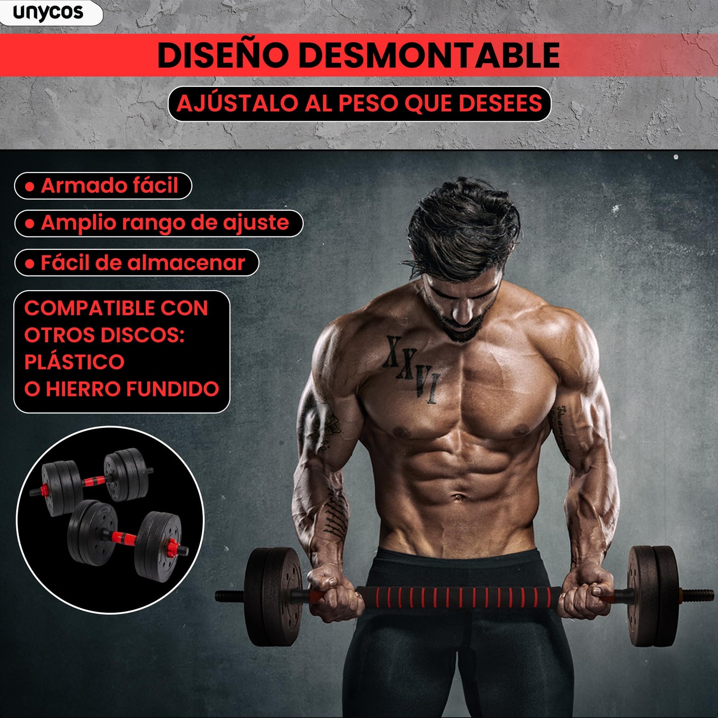 unycos - Juego de Mancuernas Ajustables con Barra Recta de Conexión, Discos【30 kg】de Cemento Recubiertos, Pesas de Agarre Ergonómico para Gimnasio en Casa y Fitness (Red Transformer)