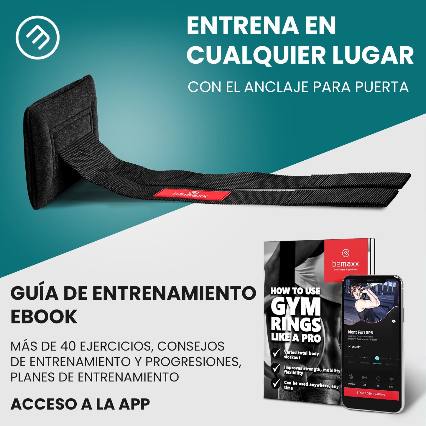 Anillas de Gimnasia de Madera | para Entrenamientos gimnásticos | Workout Set con Anclaje para Puerta, Hebillas, Correa y guía de Ejercicios | Gimnasio/Deporte en casa | Adultos