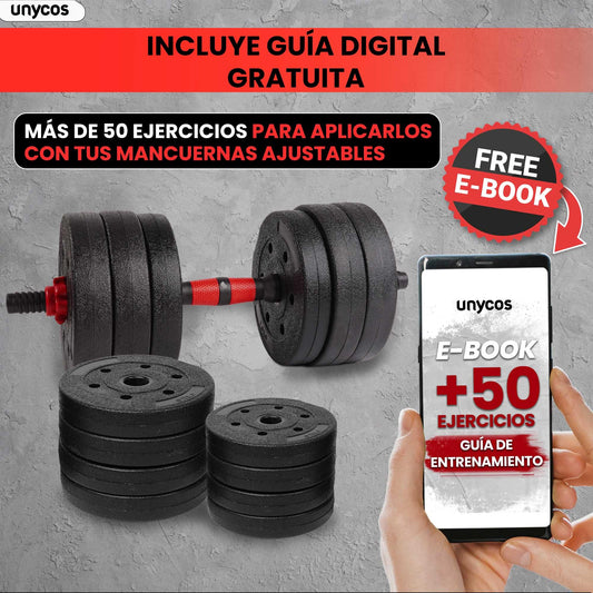 unycos - Juego de Mancuernas Ajustables con Barra Recta de Conexión, Discos【30 kg】de Cemento Recubiertos, Pesas de Agarre Ergonómico para Gimnasio en Casa y Fitness (Red Transformer)