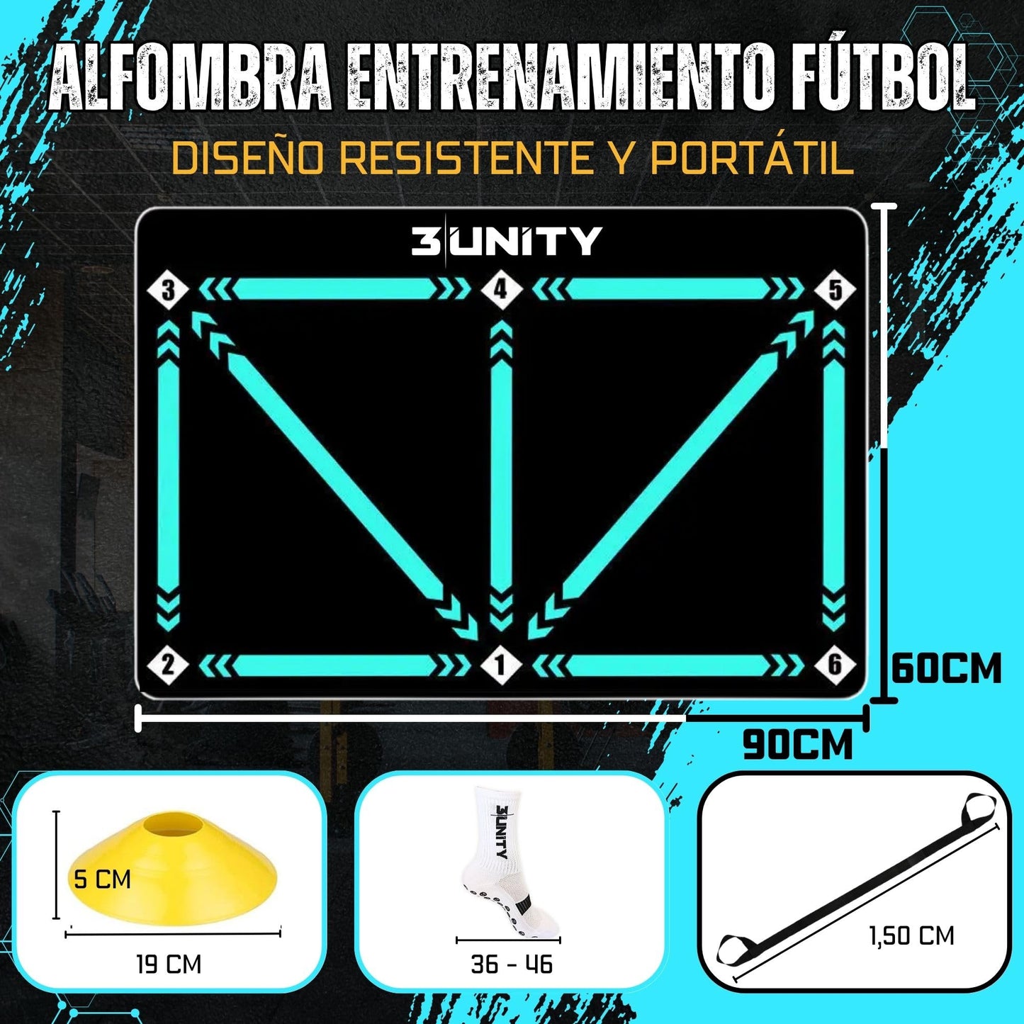 3|UNITY Kit Alfombra Entrenamiento Futbol 60x90 con 8 Conos Entrenamiento y Calcetines Antideslizantes Futbol (Grip Socks) - Incluye guía para futuros Cracks del fútbol. Tapete Treino Futebol