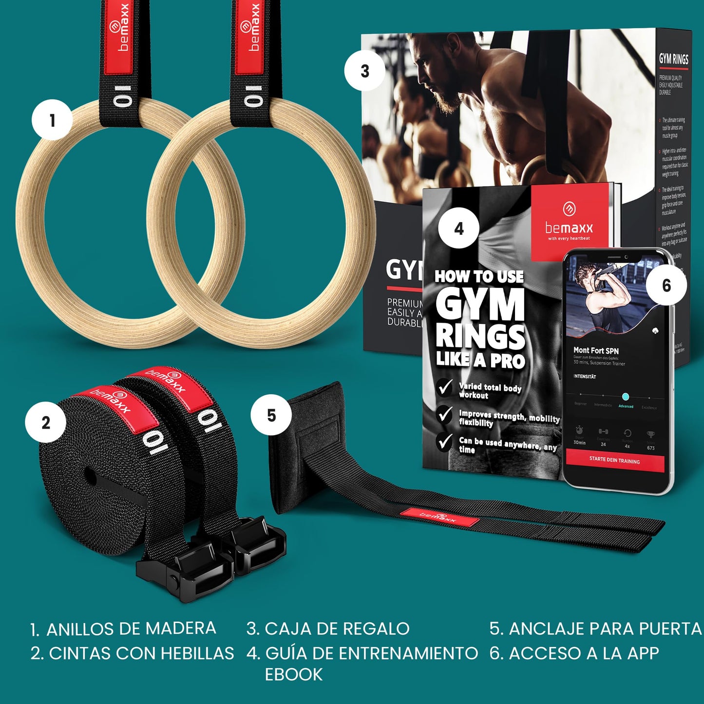 Anillas de Gimnasia de Madera | para Entrenamientos gimnásticos | Workout Set con Anclaje para Puerta, Hebillas, Correa y guía de Ejercicios | Gimnasio/Deporte en casa | Adultos