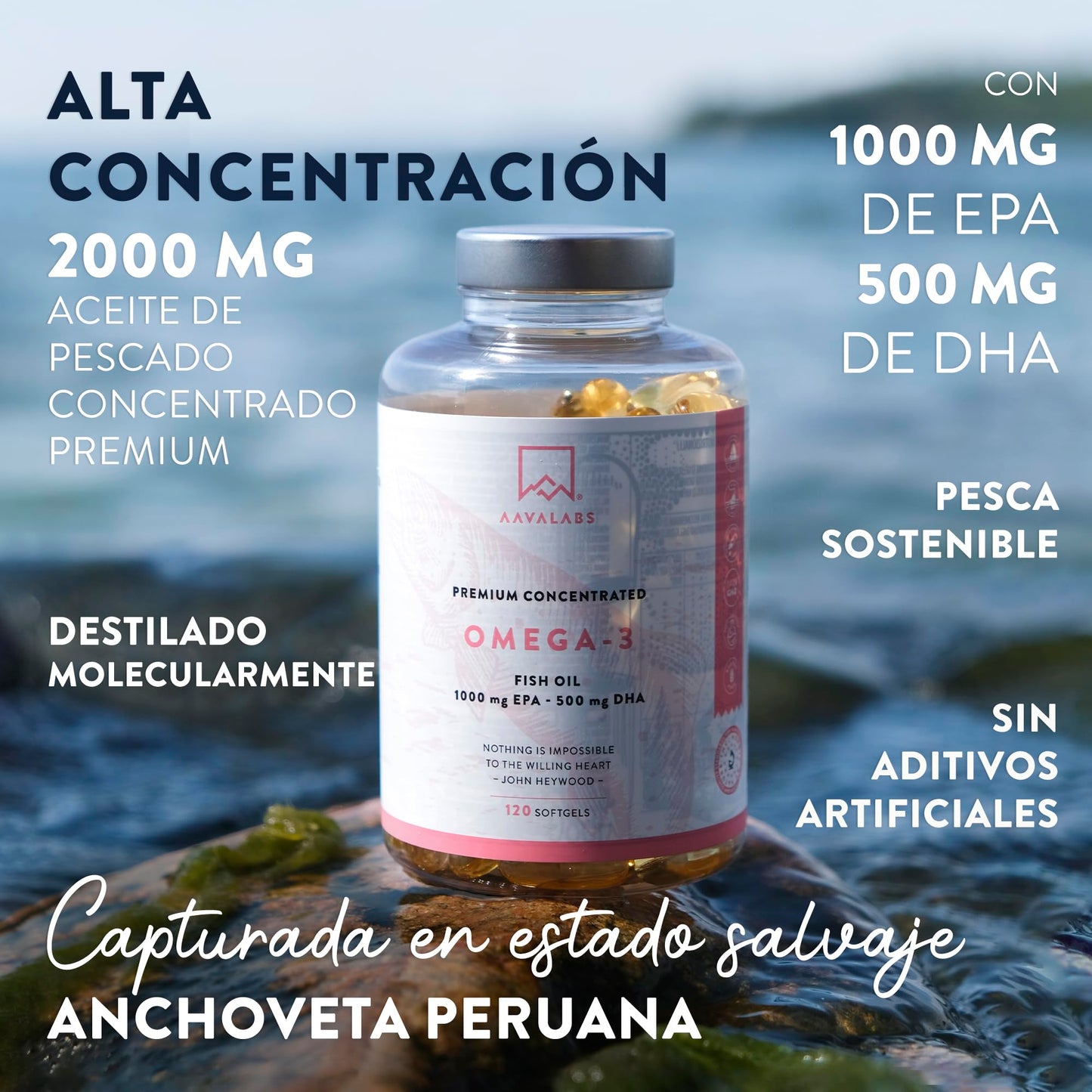 AAVALABS Omega 3 2000mg por dosis diaria (2 cápsulas) - 1000mg de EPA + 500mg de DHA - Ácidos Grasos de Alta Potencia - Destilado Molecularmente - 120 Cápsulas - 60 días de suministro