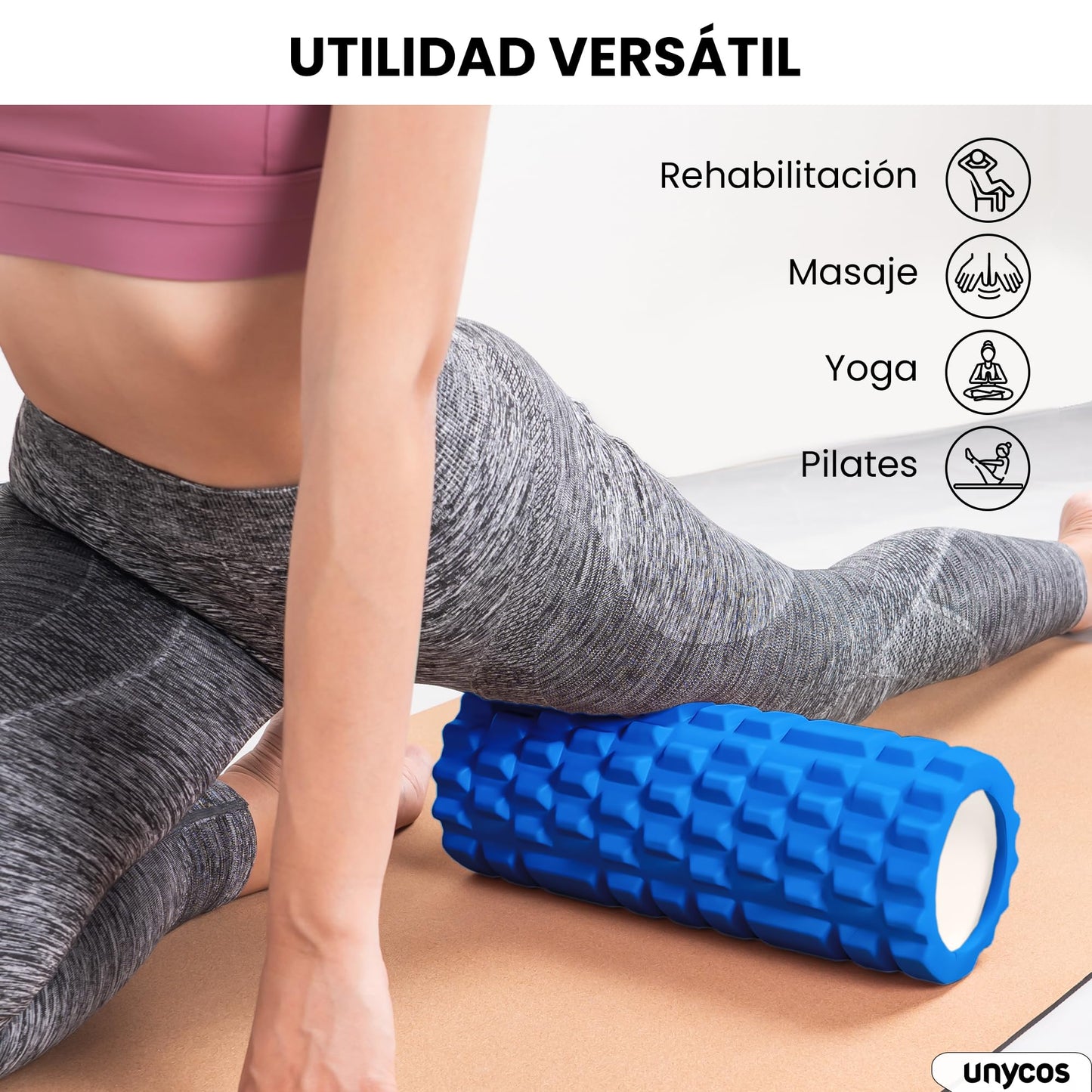 unycos - Rodillo para Masajes Musculares【33x14 cm】Cilindro de Espuma Dura para Fitness, Terapia con Foam Roller | Herramienta de Automasaje para Mayor Recuperación y Flexibilidad (Azul Oscuro)