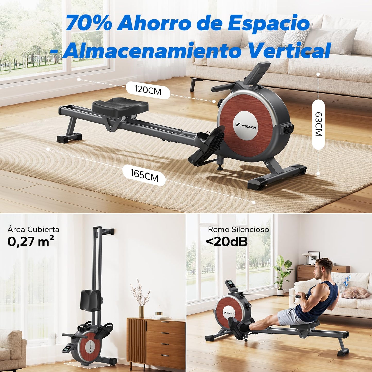 MERACH Maquina de Remo para Casa, 16 Niveles de Resistencia Magnética Máquina de Remo, Actualizar a Rieles Dobles, Ultrasilencioso y Estable, Carga Máxima 158kg, Almacenaje Vertical, Ahorra Espacio