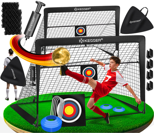 KESSER® Juego de 2 porterías de fútbol para niños, Plegables, con Barras de Fibra de Vidrio y Redes de portería para Interior, Exterior y jardín, con Bolsa de Transporte, Incl. inflador