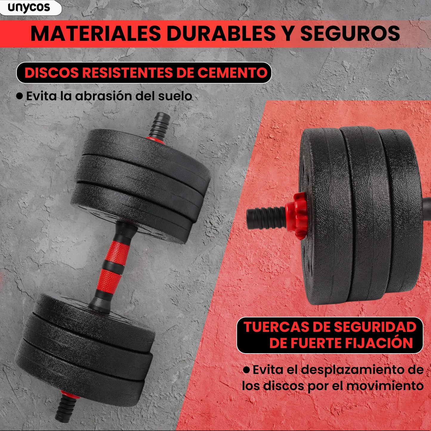 unycos - Juego de Mancuernas Ajustables con Barra Recta de Conexión, Discos【30 kg】de Cemento Recubiertos, Pesas de Agarre Ergonómico para Gimnasio en Casa y Fitness (Red Transformer)