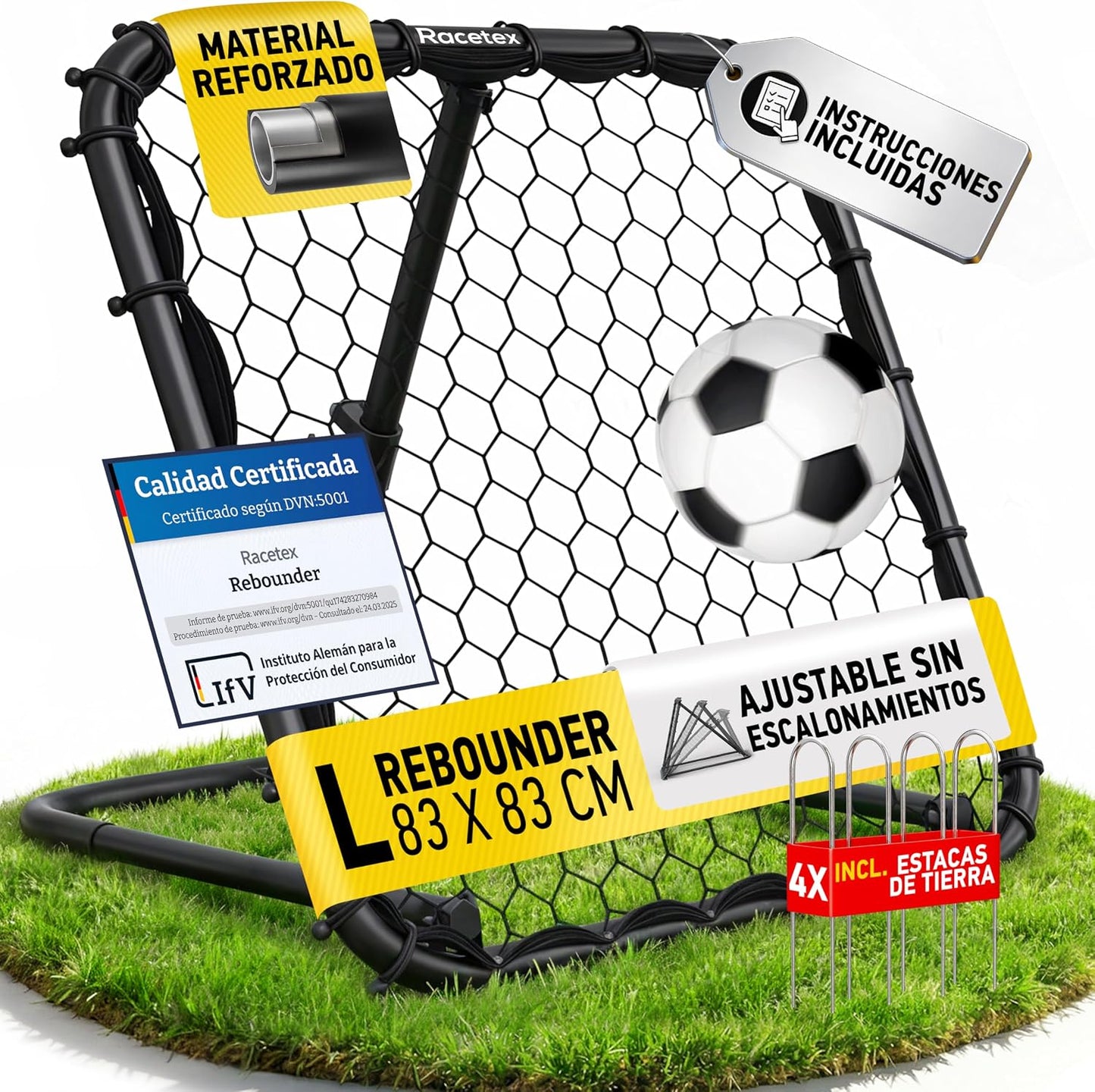 Racetex Rebounder para fútbol infantil [ajustable sin niveles] – reboteador de fútbol para niños y jóvenes – Balón de fútbol para un entrenamiento mejor y variado