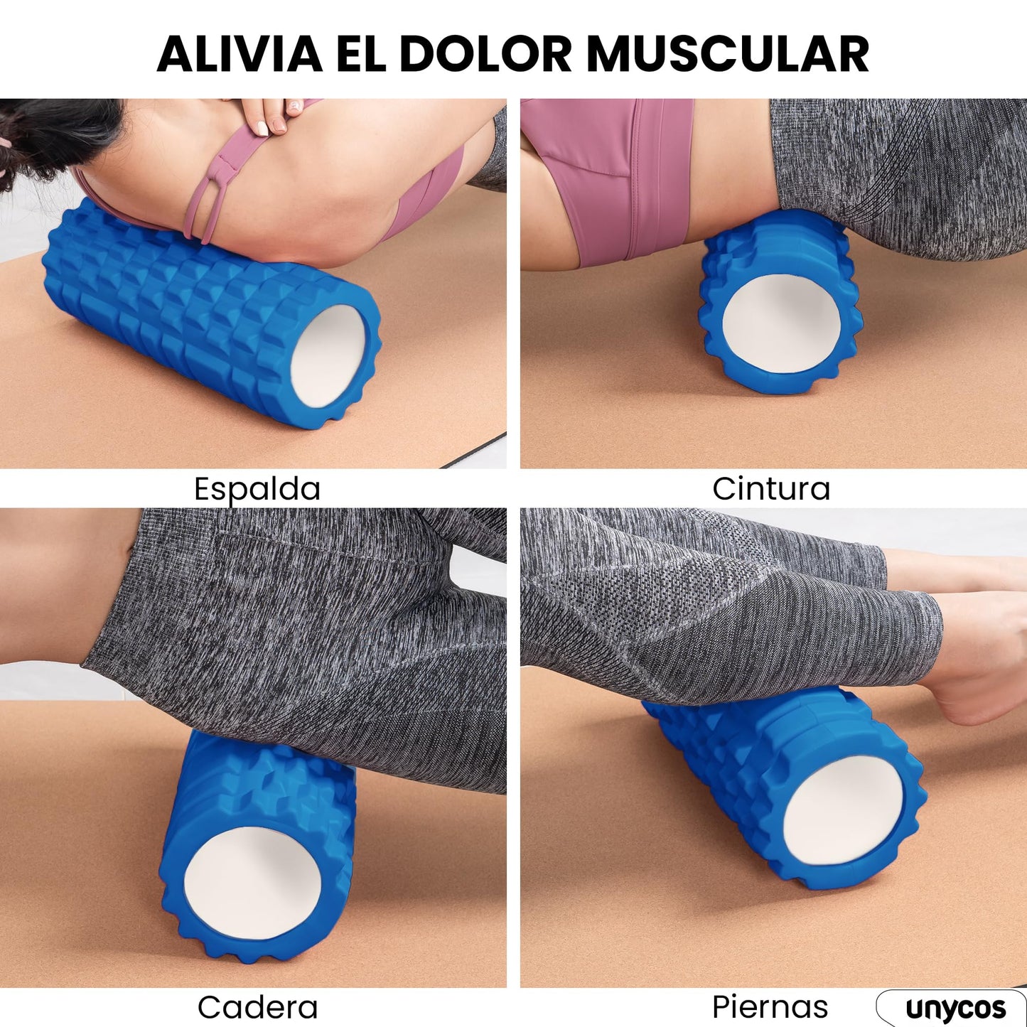 unycos - Rodillo para Masajes Musculares【33x14 cm】Cilindro de Espuma Dura para Fitness, Terapia con Foam Roller | Herramienta de Automasaje para Mayor Recuperación y Flexibilidad (Azul Oscuro)