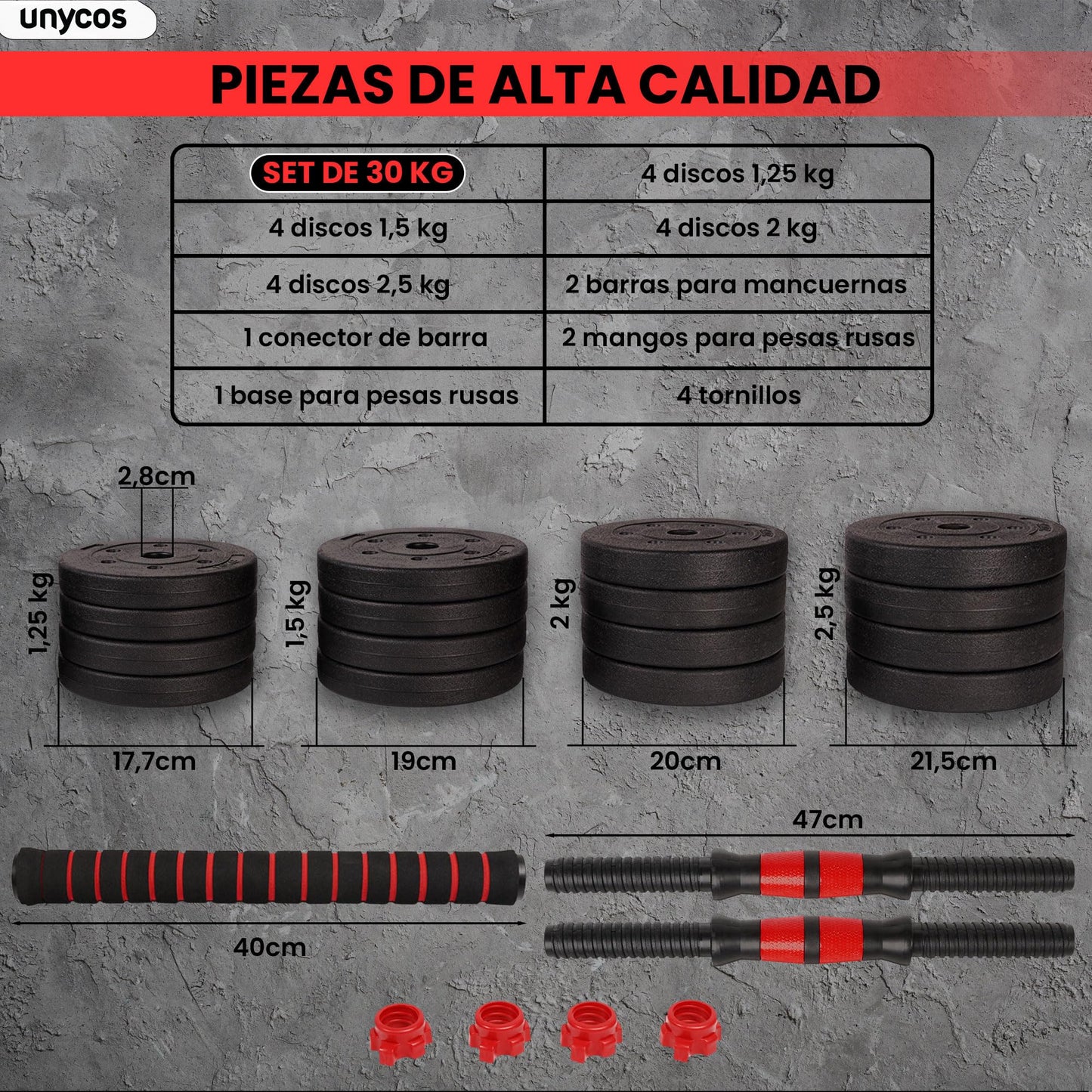 unycos - Juego de Mancuernas Ajustables con Barra Recta de Conexión, Discos【30 kg】de Cemento Recubiertos, Pesas de Agarre Ergonómico para Gimnasio en Casa y Fitness (Red Transformer)