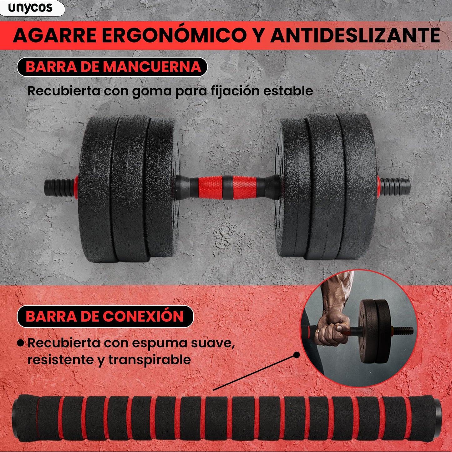 unycos - Juego de Mancuernas Ajustables con Barra Recta de Conexión, Discos【30 kg】de Cemento Recubiertos, Pesas de Agarre Ergonómico para Gimnasio en Casa y Fitness (Red Transformer)