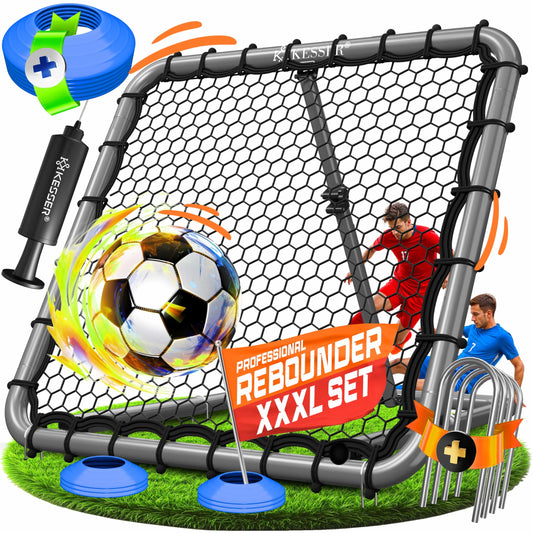 KESSER® Rebounder de fútbol de 100 x 100 cm, red de entrenamiento ajustable, entrenamiento de pasaporte y disparo, incluye bomba de aire, 6 conos de marcado y 4 ganchos de resistencia, para balonmano,